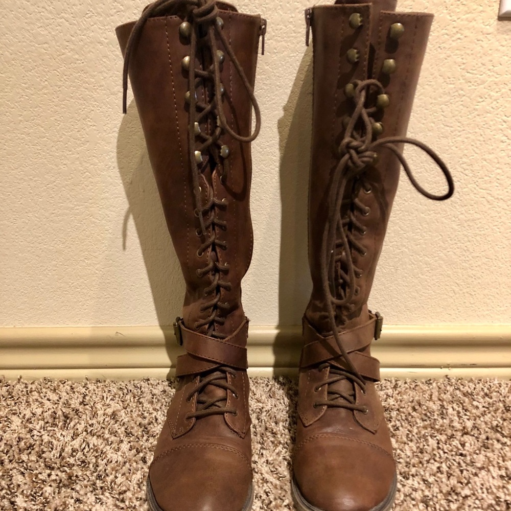 Tall brown faux leather boots!
